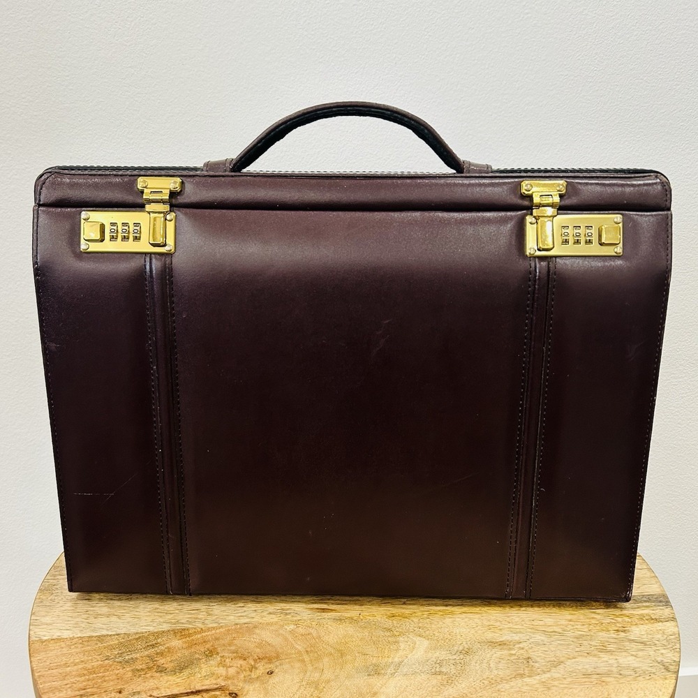 Vintage 1980's Burgundy Leather Attaché Briefcase Gold Tone Combination Lock